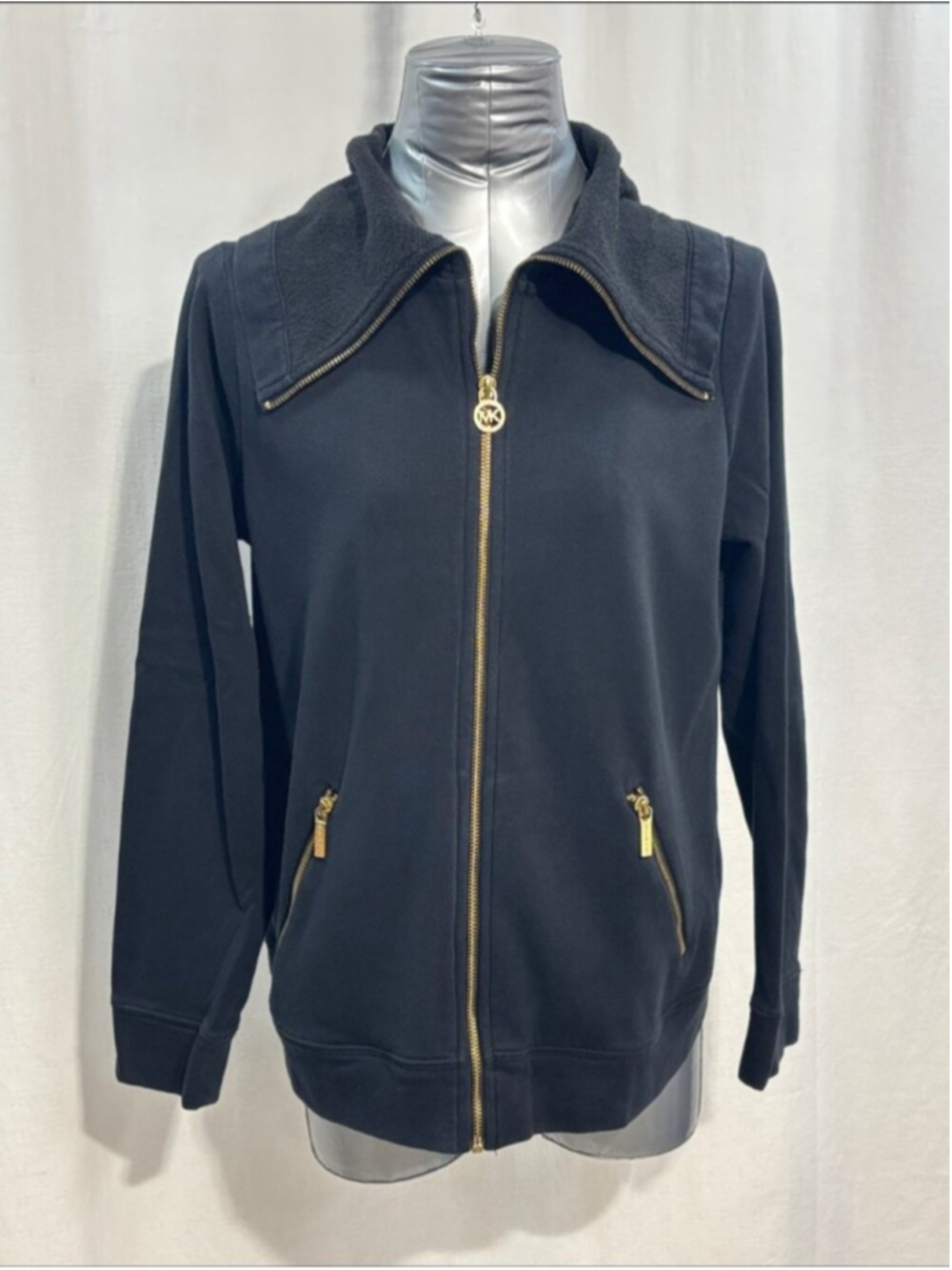 Michael Kors Black Zip-Up Sweater Jacket w/Gold hardware streetwear stretch 342